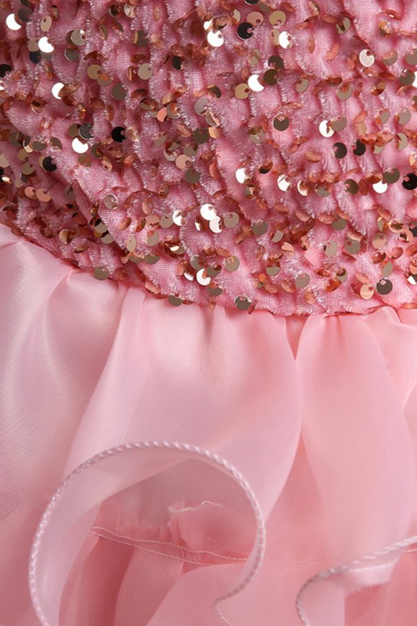 Puff Sleeves Pink Sequined Girls Dresses With Bow For Sale