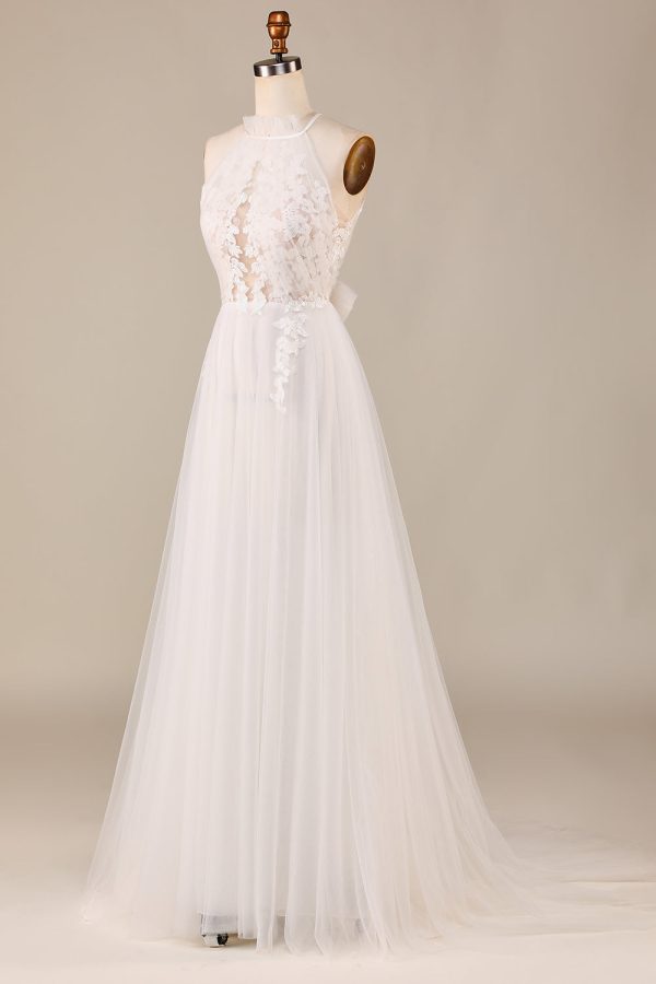 Charming A Line Halter Neck Ivory Open Back Tulle Sweep Train Wedding Dress with Lace Online