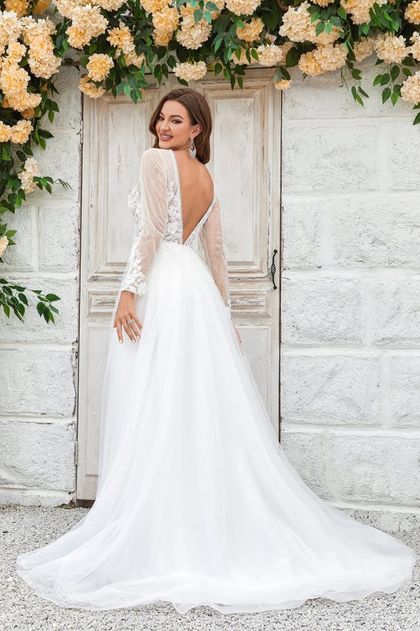 Deep V-Neck Ivory Tulle Sweep Train Wedding Dress with Lace Hot on Sale