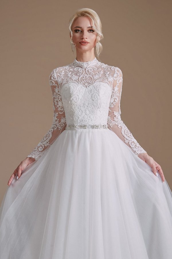 White A-Line High Neck Long Sleeves Wedding Dress with Lace Online Hot Sale