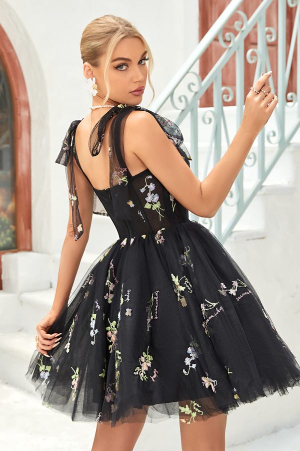 A Line Spaghetti Straps Black Short Homecoming Dress with Appliques Online Sale