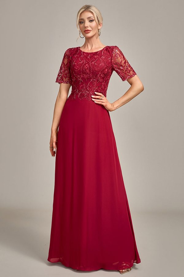 Burgundy A Line Round Neck Sequin Mother of Bride Dress With Appliques Fashion