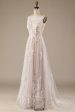 Champagne V-Neck Backless Tulle Wedding Dress with Lace For Discount