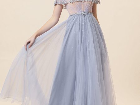 Sparkly Grey Beaded Long Tulle Evening Dress Sale