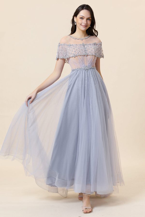 Sparkly Grey Beaded Long Tulle Evening Dress Sale