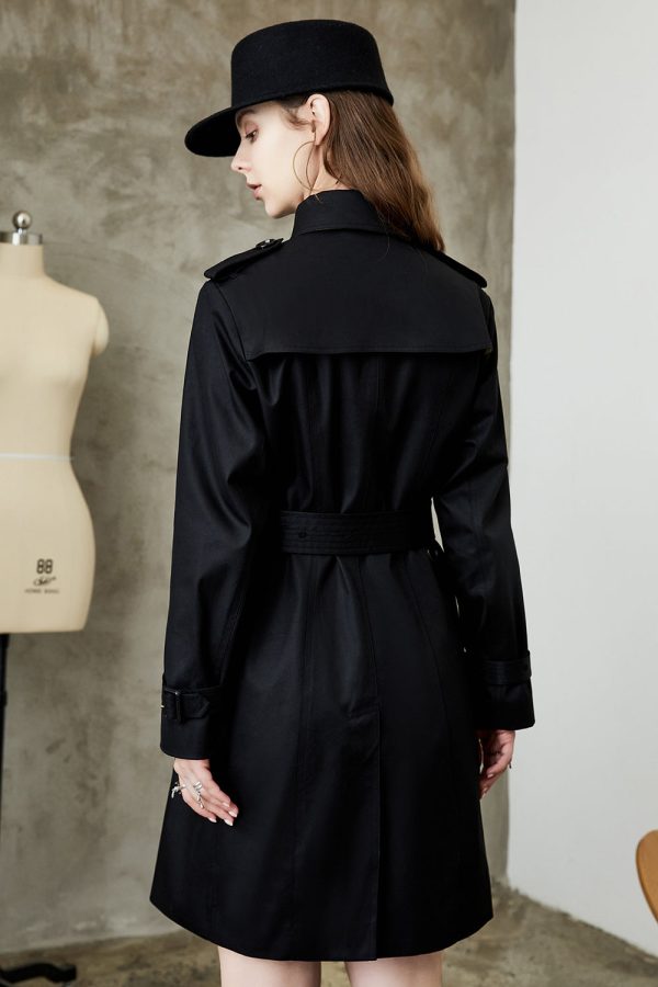 Black Double Breasted Lapel Long Trench Coat with Belt For Sale