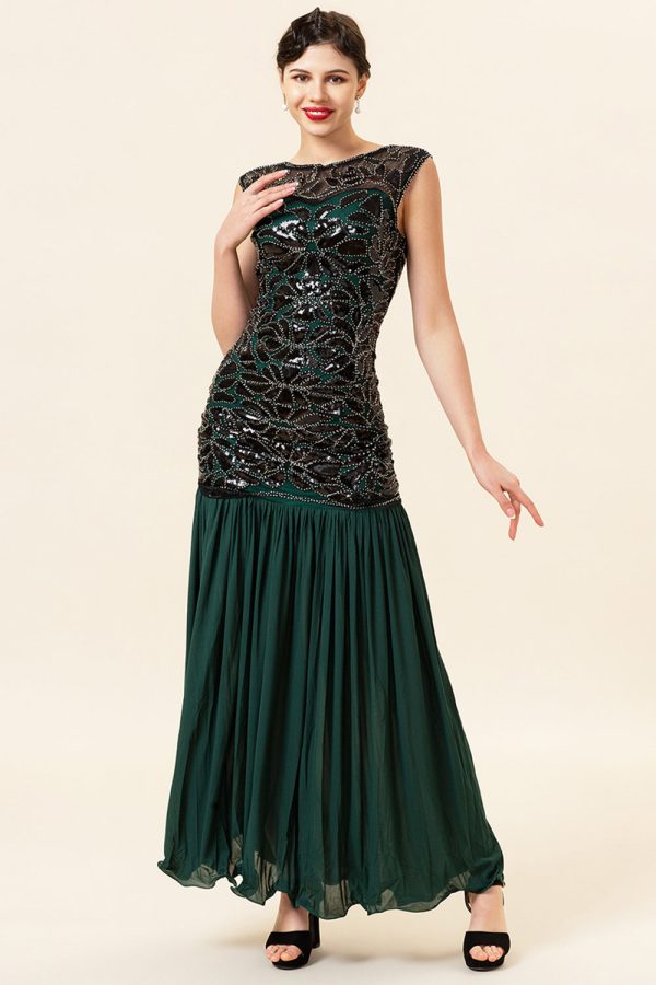 Green Beading Long Flapper Dress with 1920s Accessories Set Supply