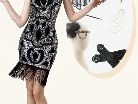 Silver Fringed Gatsby Dress with 1920s Accessories Set For Discount