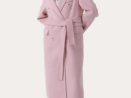 Pink Peak Lapel Double Breasted Long Women Wool Coat For Discount