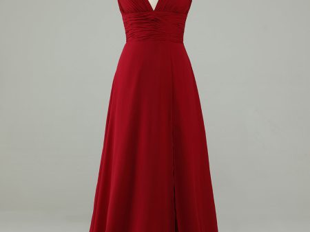 A-Line Halter Burgundy Long Bridesmaid Dress with Slit Online