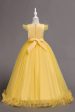 Tulle Boat Neck Yellow Girls Dresses with Appliques Sale