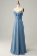 A Line Spaghetti Straps Grey Blue Long Bridesmaid Dress with Ruffles Fashion