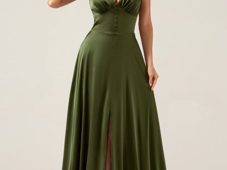 A-Line Spaghetti Straps Olive Satin Long Bridesmaid Dress with Slit Fashion