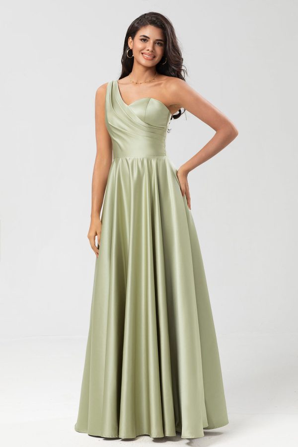 One Shoulder Satin Green Bridesmaid Dress with Pockets Online Sale