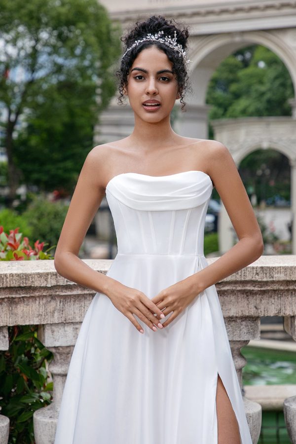 Elegant White A Line Strapless Pleated Sweep Train Corset Wedding Dress With Slit For Cheap