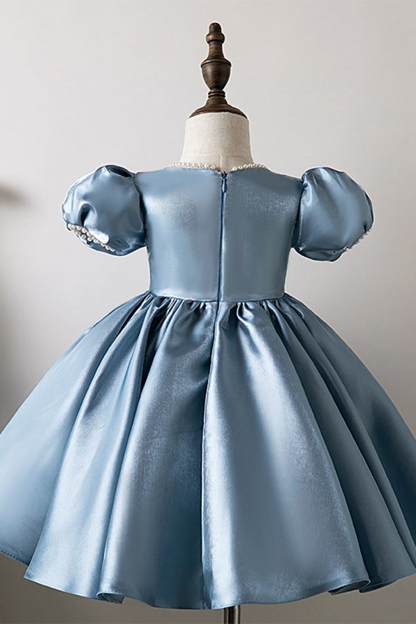 Puff Sleeves Blue Flower Girl Dress with Appliques Online now