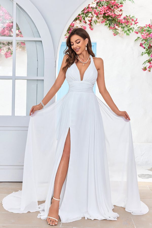 Ivory A-Line Halter Sweep Train Wedding Dress with Slit on Sale