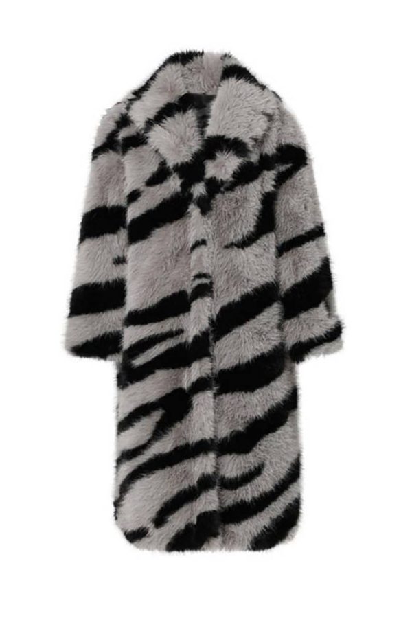 Dark Grey Zebra Pattern Imitation Oversized Long Faux Fur Shearling Coat Supply