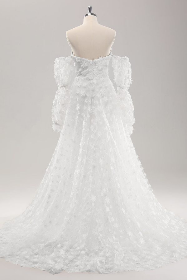 White A Line Sweetheart Applique Lace Wedding Dress with Detachable Sleeves Online Hot Sale