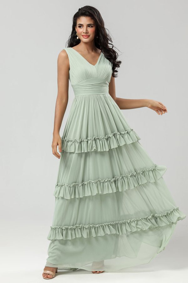 A Line Chiffon Green Bridesmaid Dress with Pleated Online now