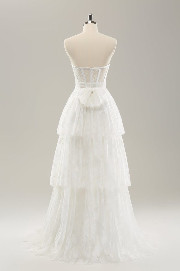 Elegant White Strapless Corset Tiered Long Wedding Dress with Lace on Sale