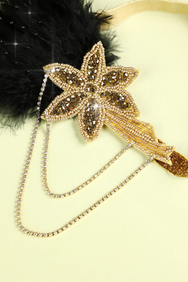 1920s Black and Gold Feather Beaded Headband Online Sale