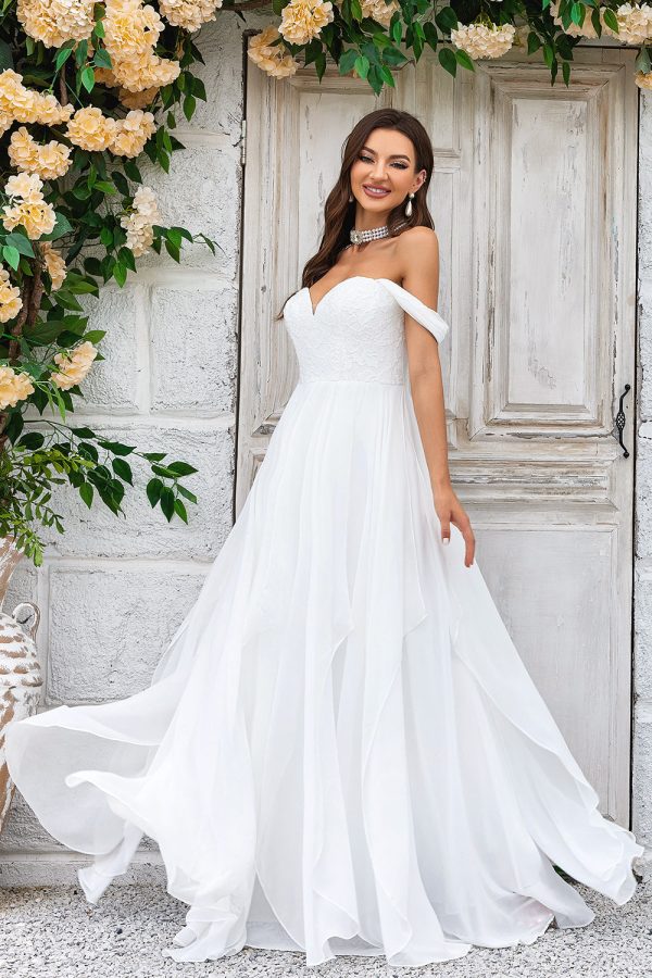 Elegant A Line Off the Shoulder Ivory Chiffon Wedding Dress with Lace Online