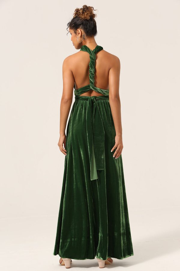 Elegant A Line V Neck Dark Green Covertible Wear Velvet Long Bridesmaid Dress For Cheap