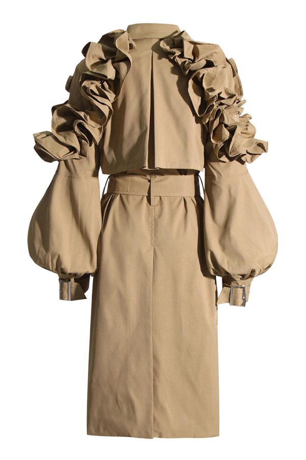 Khaki Notched Lapel Ruffled Long Trench Coat Hot on Sale