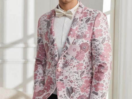 Shawl Lapel One Button Pink Floral Jacquard 2 Piece Homecoming Suits For Cheap