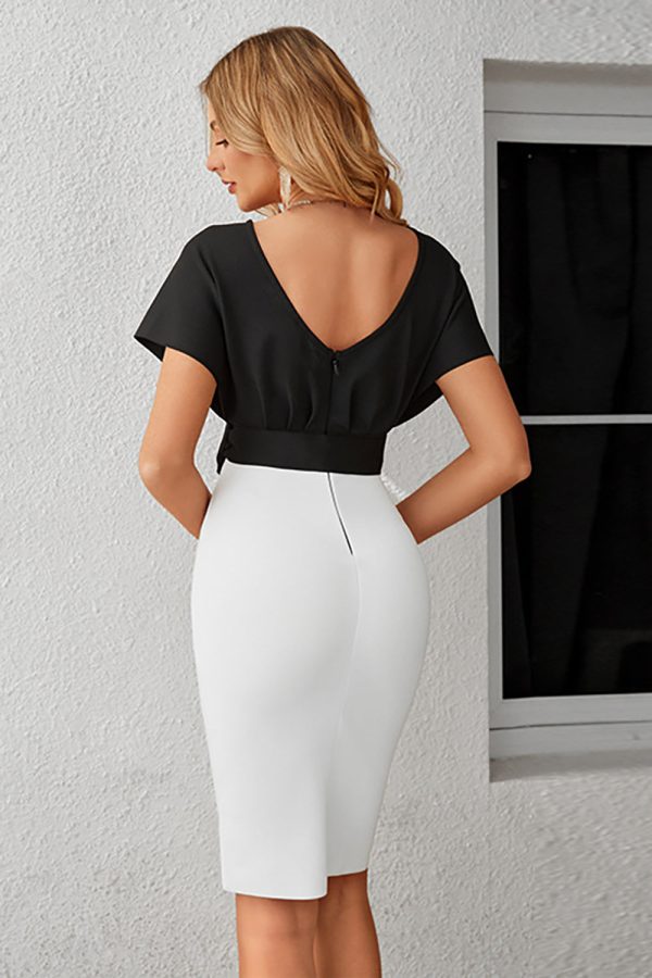 Black and White Bodycon V-Neck Cocktail Dress With Belt Supply