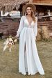 Ivory Lace Chiffon V-Neck Long Sleeve Boho Wedding Dress Online now