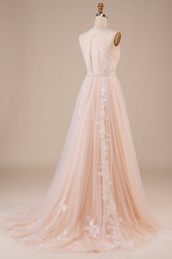 Tulle Halter Keyhole Champagne Wedding Dress with Appliques Fashion