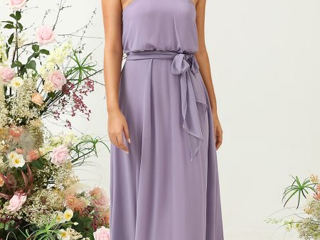 A Line Halter Purple Long Bridesmaid Dress with Bowknot Online