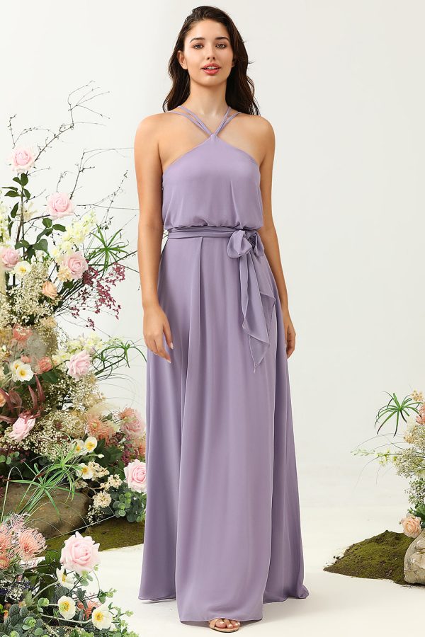 A Line Halter Purple Long Bridesmaid Dress with Bowknot Online