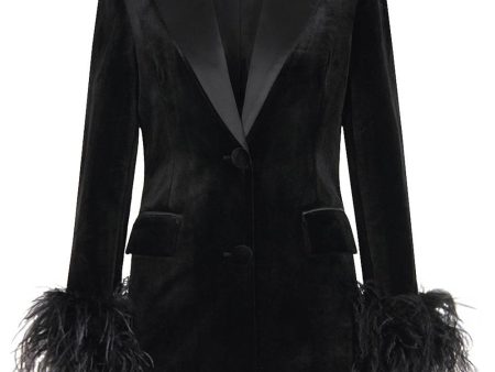 Black Velvet Peak Lapel Women Coat with Feathers Discount