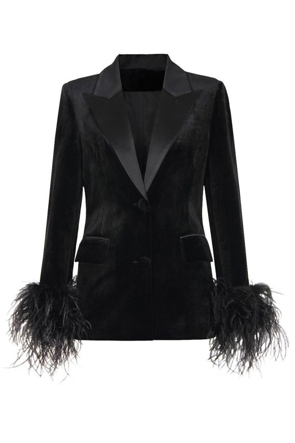 Black Velvet Peak Lapel Women Coat with Feathers Discount