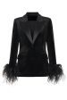 Black Velvet Peak Lapel Women Coat with Feathers Discount