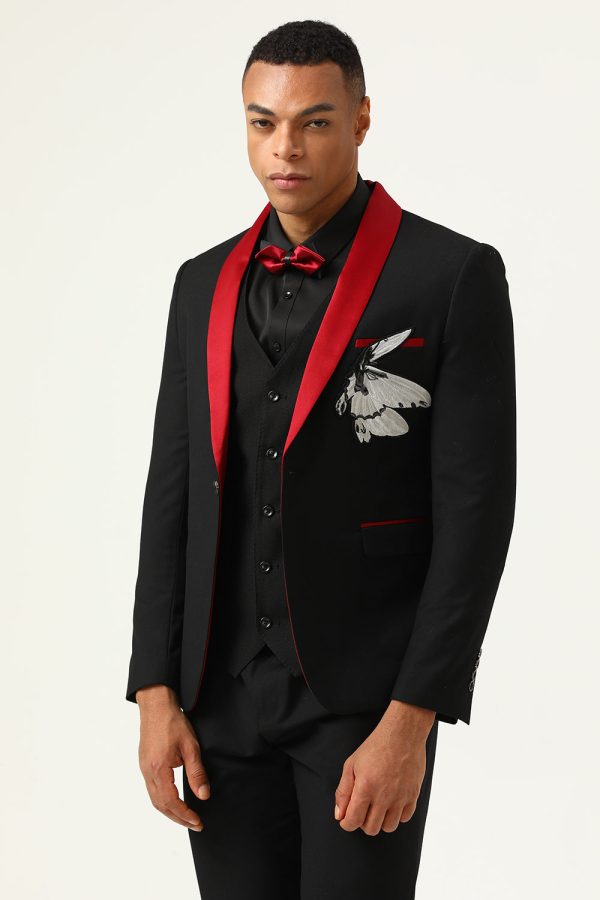 3 Piece Black Red Shawl Lapel Men s Prom Suits Online Sale