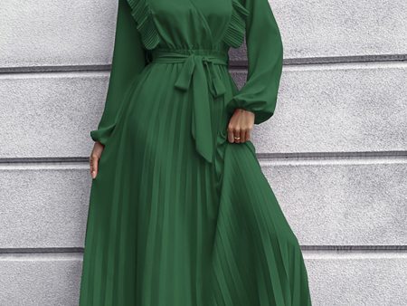 A-Line Long Sleeves Dark Green Casual Dress with Ruffles on Sale