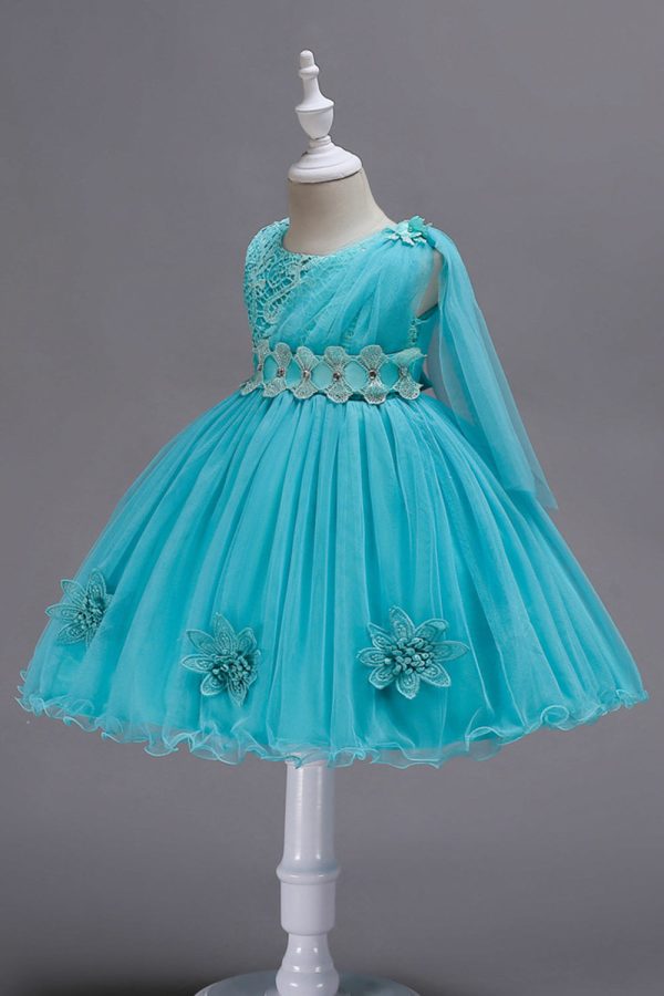 Blue A Line Bowknot Girls Party Dresses With 3D Flowers Online Hot Sale