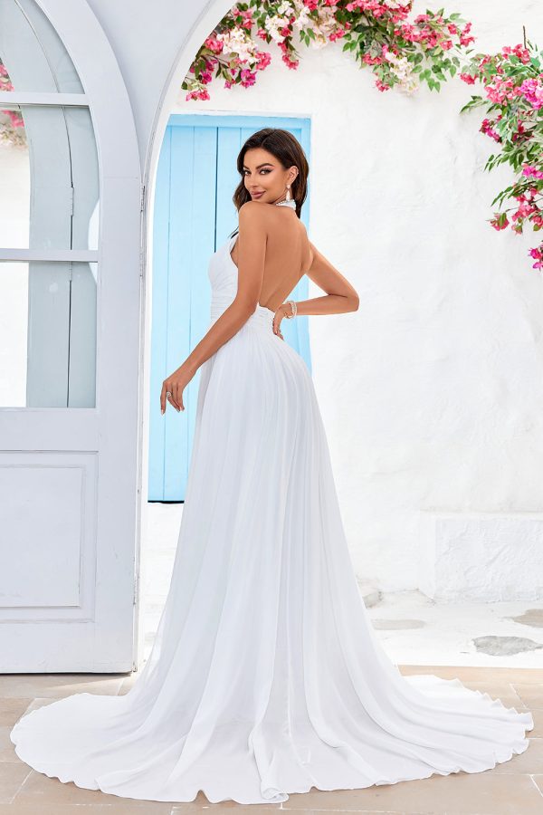 Ivory A-Line Halter Sweep Train Wedding Dress with Slit on Sale