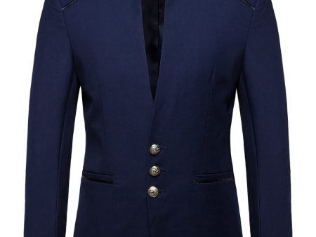 Navy Stand Collar Single Breasted Men s Blazer Discount