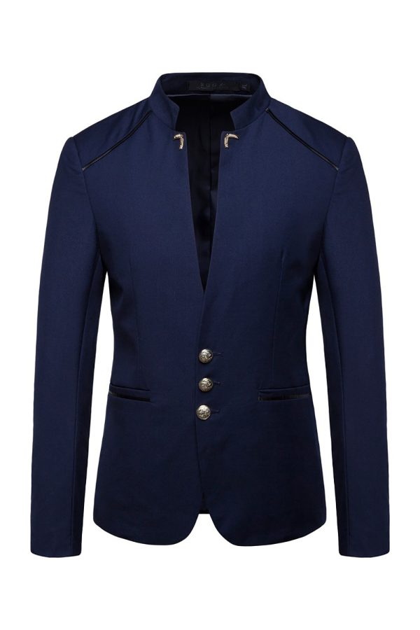 Navy Stand Collar Single Breasted Men s Blazer Discount