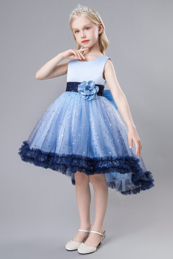 Blue Tulle Glitter Flower Girls Party Dress With Bow Supply