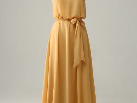 A Line Halter Yellow Long Bridesmaid Dress with Bowknot Cheap