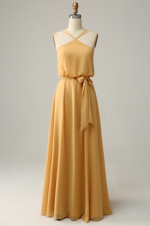 A Line Halter Yellow Long Bridesmaid Dress with Bowknot Cheap