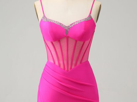 Unique Sparkly Fuchsia Beaded Tight Corset Short Homecoming Dress with Slit Online Sale