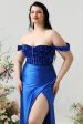 Sheath Off the Shoulder Royal Blue Plus Size Formal Dress with Split Front Fashion