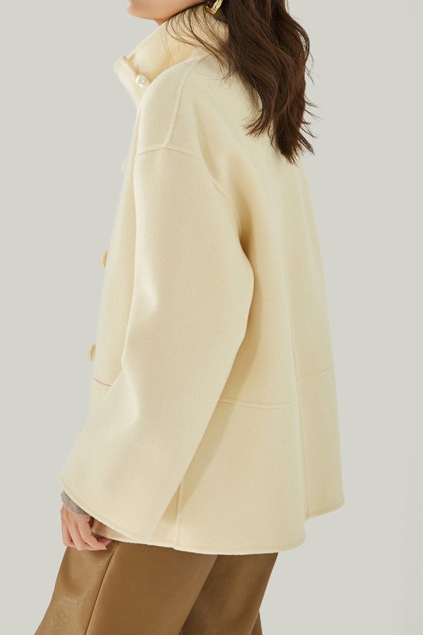 Ivory High Neck Buttons Wool Coat Sale